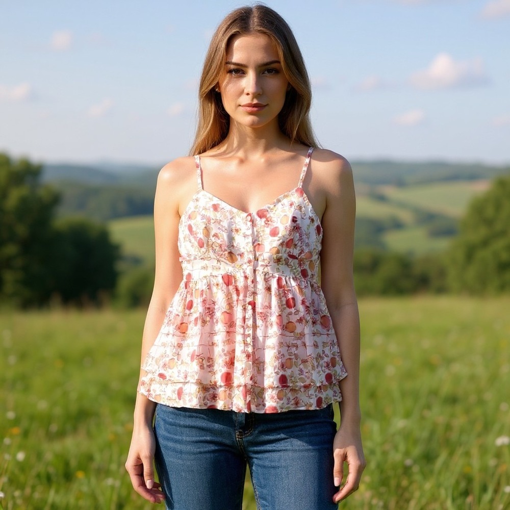 Floral Chiffon Babydoll Camisole Top Peach Pink Button Front Tiered Ruffle Hem